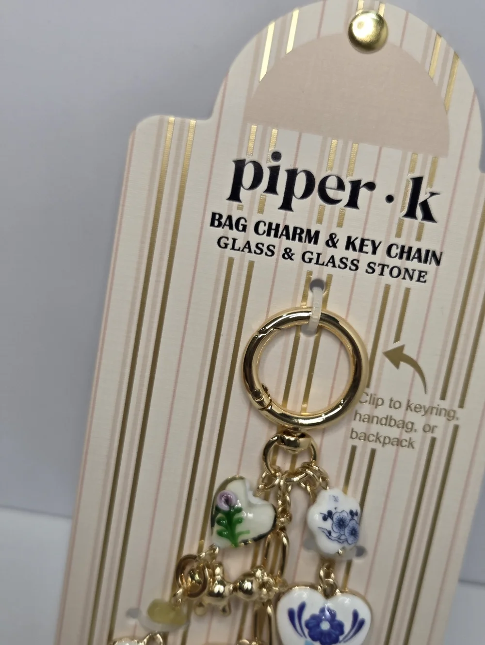 🤍▪️piper k▪️ UK Gold and White Teapot  Glass/Glass Stones  Floral Bag Charm